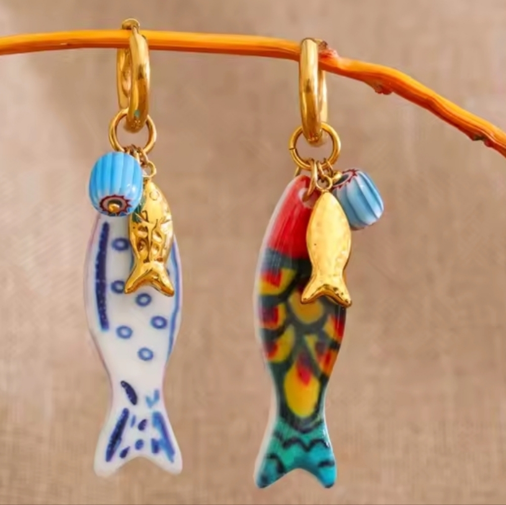 Reversable Fish Charm Huggie Hoop Earrings - Gold Plated | NWOT